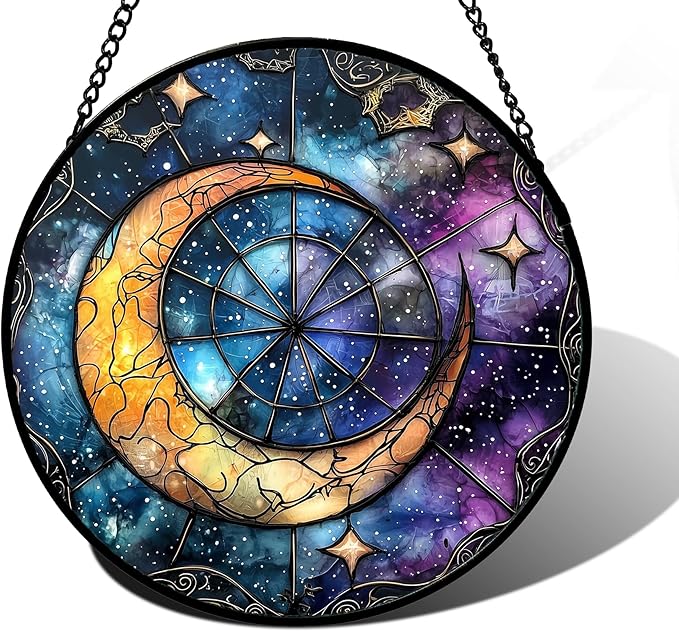 DASTOLL Stained Glass Window Hanging, Blue Starry Sky Moon Astrolabe Suncatcher for Doors Home Sun Catchers Decoration and Christmas, Mother's Day Birthday Gifts for Women, Men, and Mom 9.8 in