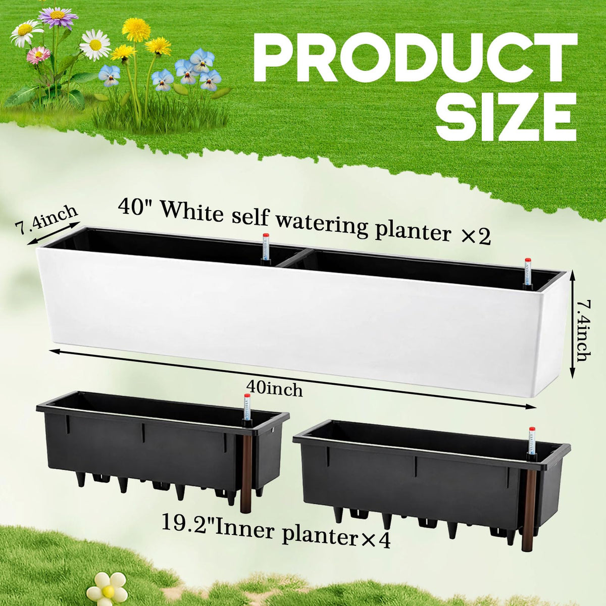 Purpeak 2 Pack Hanging Wall Planter Boxes 40" Large White Rectangular Flower Box with Window Bracket Self Watering System Railing Planter Outdoor Plant Pot Container Deck Rail Fence Balcony
