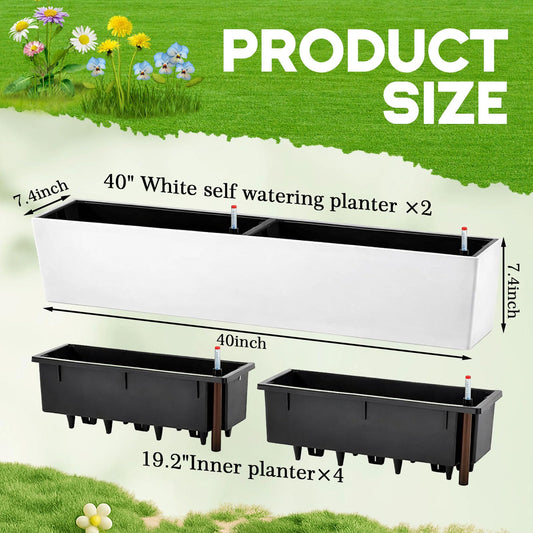 Purpeak 2 Pack Hanging Wall Planter Boxes 40" Large White Rectangular Flower Box with Window Bracket Self Watering System Railing Planter Outdoor Plant Pot Container Deck Rail Fence Balcony