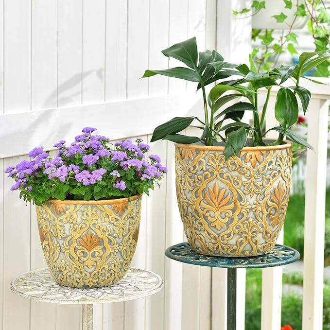 Sungmor Large Heavy Duty Cement Planters, Beautiful Embossed Concrete Garden Pots, 8" & 10" Set of 2 Plant Pots with Drainage Hole, Home Garden Decorative Flower Pots for Indoor Outdoor Plants Floral