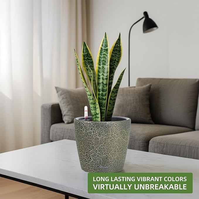 Dexceder 11x10 Inches Self Watering Planter Indoor Outdoor, Inner Pot Design, Thickened Table Flower Plant Pot with Water Level Indicator (Black Gold Crackle)