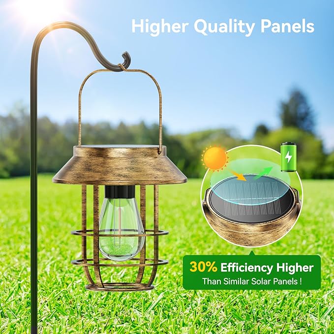 Solar Lanterns Outdoor Waterproof, High Brightness Hanging Solar Lights for Outside with Wall Hooks, Retro Metal Outdoor Lanterns Auto On/Off for Porch, Patio, Yard Decor 2 Pack