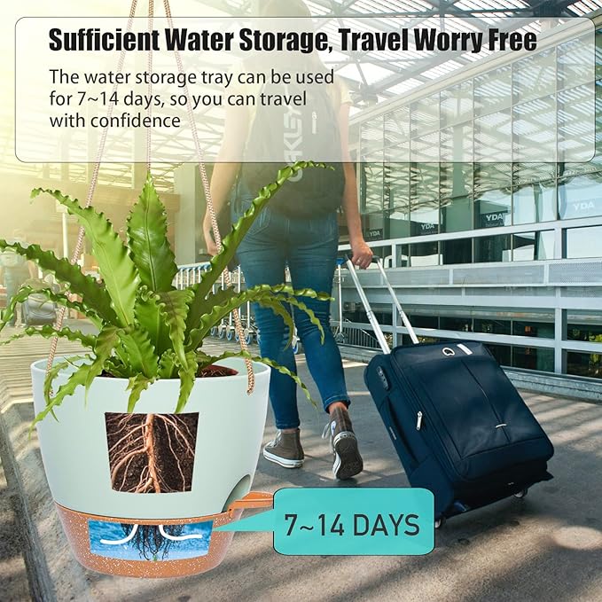8 inch Hanging Planters, 2 Pack Self Watering Hanging Pots with 20oZ Deep Reservoir for Indoor Outdoor Plants Flowers, Green with Brown