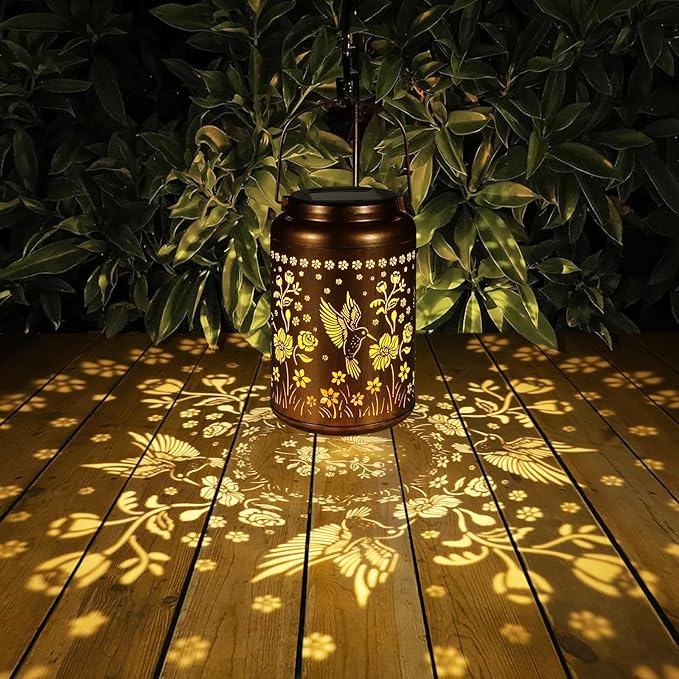 2 Pack Solar Lanterns Outdoor Waterproof, Hummingbird Garden Decor Gifts for Women Mom Grandma Hanging Solar Lights Metal Solar Decoration Outside for Yard, Patio, Lawn, Pathway