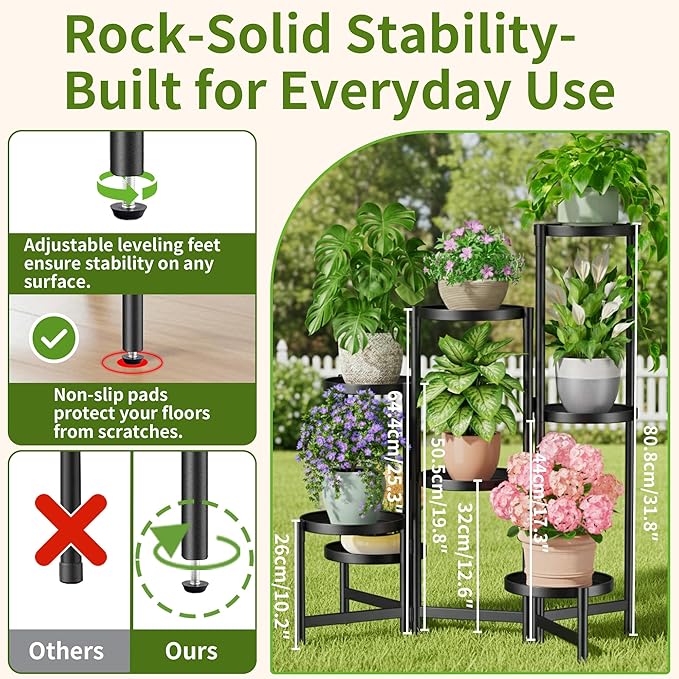 NQW 8 Tiered Plant Stand Indoor for Multiple Large Planter, Tall Heavy Duty Adjustable Folding Rack with Rustproof 7.9 Inch Wide Tray, Plant Shelf for Corner Living Room - BlackDisk