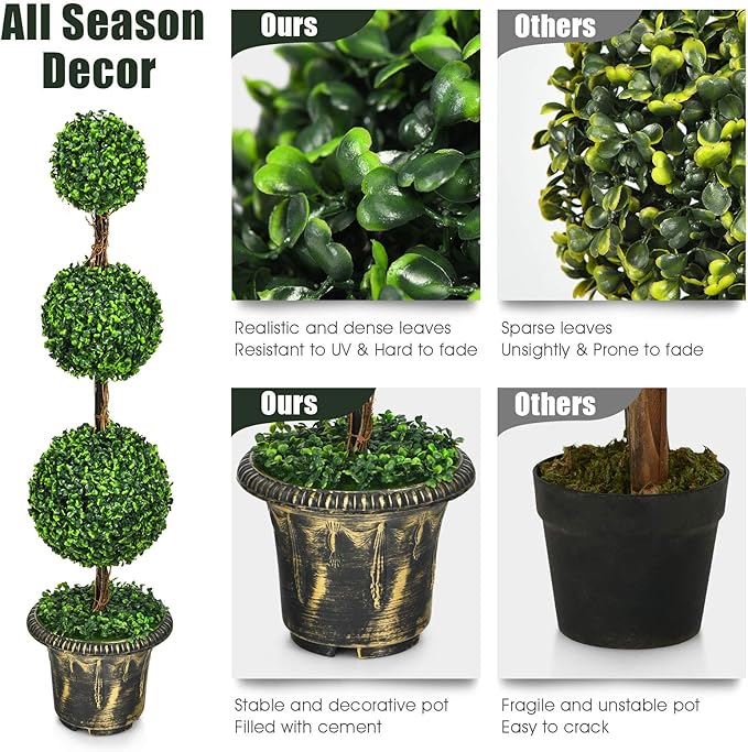 DREAMADE 4ft Topiary Trees Artificial Outdoor, Triple Ball Boxwood Topiary w/Cement-Filled Retro Pot, Fake Plants Shrub Bushes for Home, Office, Porch, Front Door, Entrance, Backyard