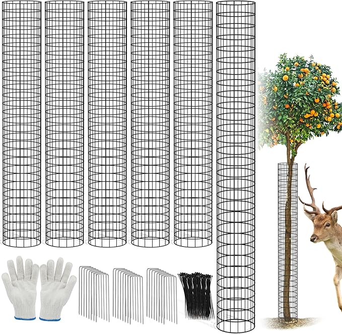 6Pcs Metal Tree Trunk Protector Guard, 48” × 13.7" Mesh Tree Guard with 30 Pcs Ties, 1 Pair of Gloves, 16 Ground Stakes for Tree Protectors from Deer Mowers Trimmers