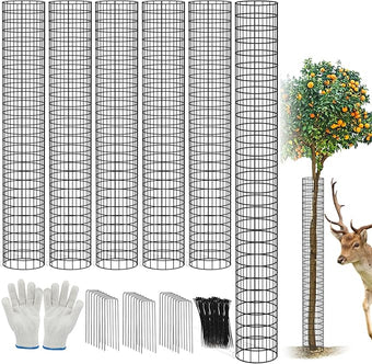 6Pcs Metal Tree Trunk Protector Guard, 48” × 13.7" Mesh Tree Guard with 30 Pcs Ties, 1 Pair of Gloves, 16 Ground Stakes for Tree Protectors from Deer Mowers Trimmers