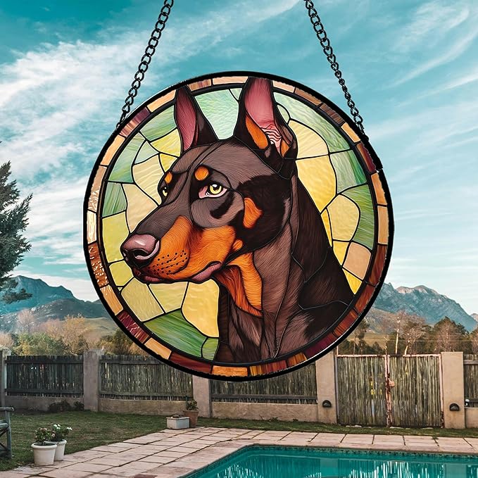 Stained Glass Window Hanging - Funny Dark Brown Doberman Pinscher Suncatcher for Door Terrace Garden Home Decor, Pet Dog Sun Catcher Birthday Gifts for Lovers Women Men Dad Mom Nana 7.8 in