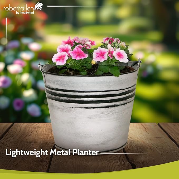 Headwind Vintage Collection - 6 Inch Rustic White Banded Planter with Handles – Galvanized Bucket Planter - Decorative Small Planters for Indoor Plants & Outdoor Use by Robert Allen
