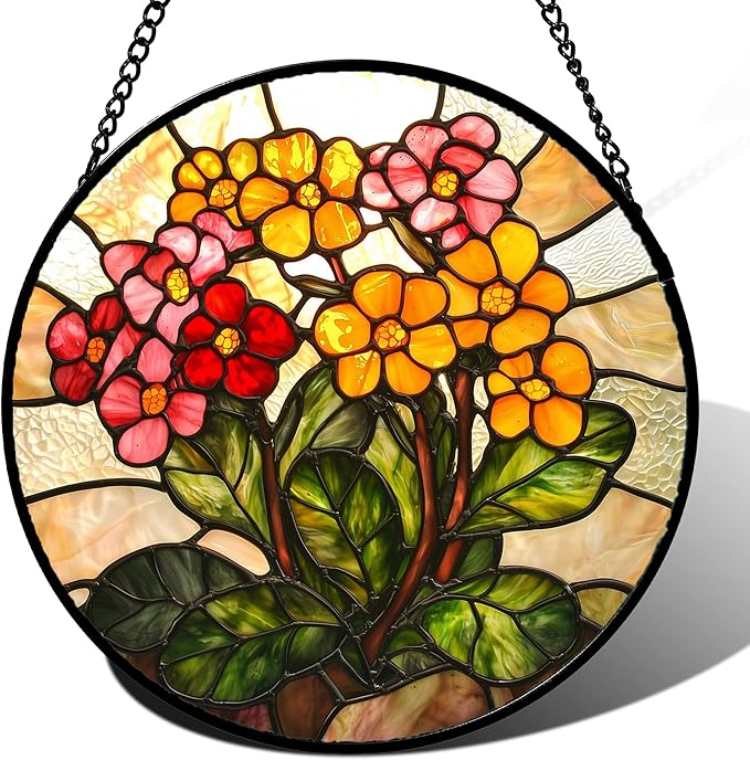 AMDERVEN Stained Glass Window Hanging, Yellow Red Flowers Sun Catcher for Window Door Home Decor Green Plant Suncatcher Christmas Mother's Day Birthday Gifts for Women Men Mom and Nana 6.3 in