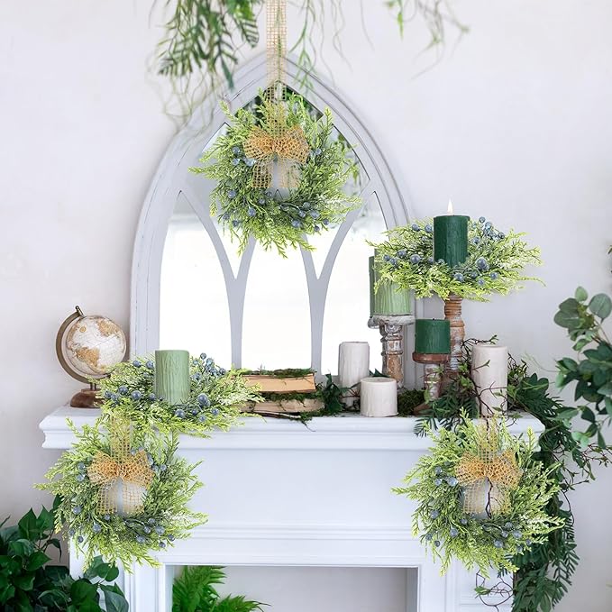 4 PCS Small Winter Blue Berry Cabinet Wreath Artificial Mini Kitchen Wreaths Vintage Swags Wreath with Retro Burlap Ribbon for Farmhouse Rustic Home Front Door Window Pillar Wedding Chair Wall