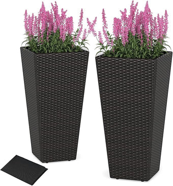 Giantex Set of 2 Outdoor Wicker Flower Pot, 30 Inch Tall Planters with Drainage System, PE Rattan Flower Pots, Indoor Outdoor Decoration for Front Porch Balcony Entryway, Dark Brown
