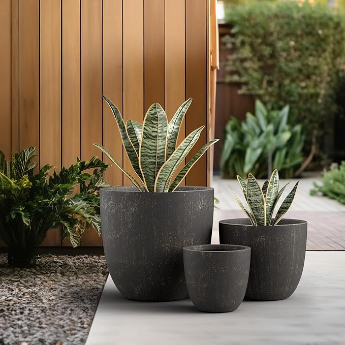 Kante 18",14",10" Dia Concrete Round Planters (Set of 3), Outdoor Indoor Large Planter Pots with Drainage Hole and Rubber Plug for Home Patio Garden, Oil Rubbed Bronze