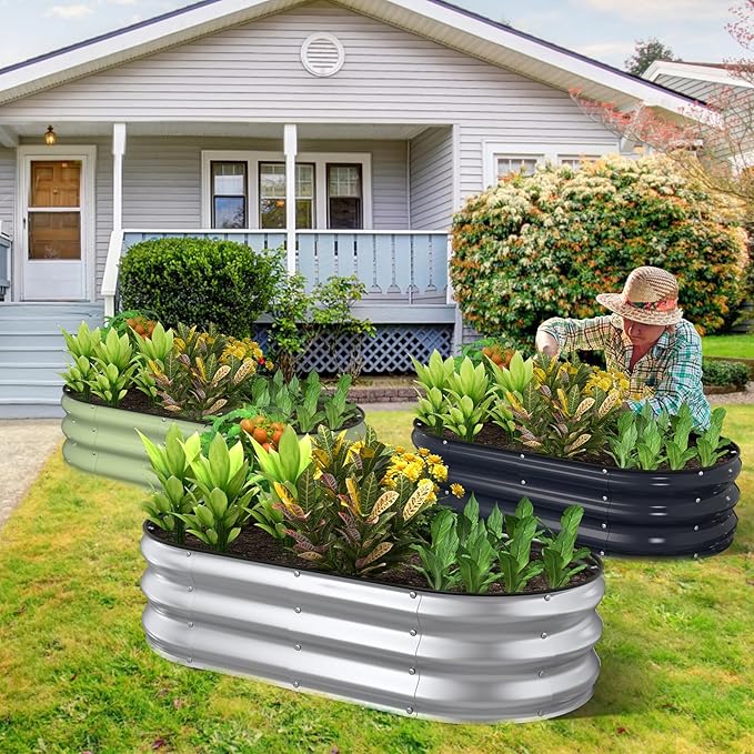 Kesfitt Raised Garden Bed, 4x2x1 FT Galvanized Steel Metal Raised Garden Bed, Oval Open-Bottom Design, 12-Inch Deep for Outdoor Vegetable & Herb Gardening, Fruit Green