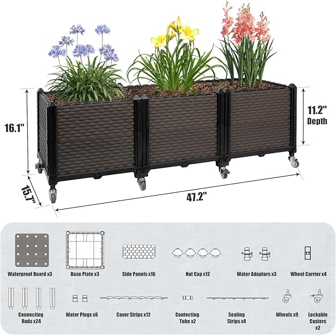 Raised Plant Box with Wheels 47.2"x15.7"x16.1", Raised Beds for Gardening Self Watering, Durable Metal Lockable Casters, Rectangular Garden Planter Perfect for Garden Patio Balcony Deck
