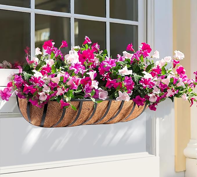 Y&M 24in Window Planter Box 2Pcs Iron Window Deck Railing Fence Planter with Coco Liner for Outdoor Balcony Rail Fence Porch Patio