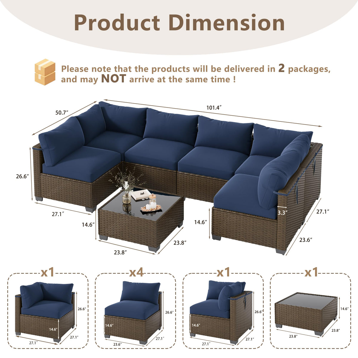 LOUVIXA 7 Piece Outdoor Patio Furniture Set, Outdoor Sectional Sofa, Wicker Rattan Patio Furniture, Patio Conversation Set with Coffee Table & Cushions