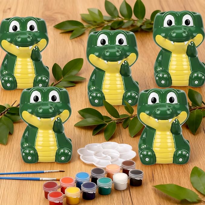 Pasimy 6 Set Ceramics to Paint DIY Ceramic Succulent Planter Pots Paint Your Own Flower Pots Craft Kit Unpainted Bisque Flowerpot with Brush Palette for Family Activity Holiday Gifts(Crocodile)
