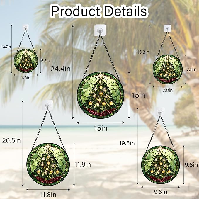 DASTOLL Stained Glass Window Hanging - Green Christmas Tree Golden Bells Suncatcher for Doors Home Christmas Decoration Sun Catcher Thanksgiving New Year Birthday Gift for Women Men Mom Nana 7.8 in