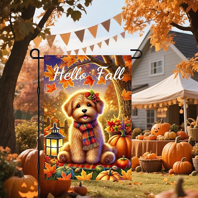 Hello Fall Garden Flag Thanksgiving Flag Cute Puppy Scarf Pumpkins Autumn Leaves Lantern Outdoor Yard Decor 12x18 Inch Double Sided Banner For Front Porch Lawn Patio Seasonal Home Decoration
