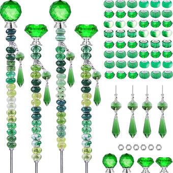 121 Pcs DIY Fairy Wand Beaded Garden Stakes Kit, Fairy Wands Garden Kit Deep Green Large Hole Bead with Pendants Crystal Stopper Top Threaded Rod Beaded Garden Stakes Supplies for Outdoor Decorative