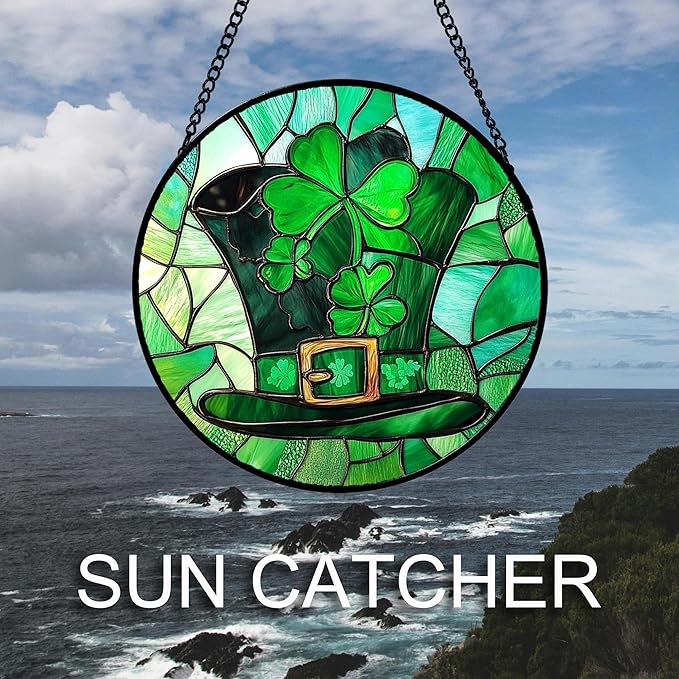 QZQCBLC Stained Glass Window Hanging Green Lucky Clover Hat Large 15" - Suncatcher Door Garden Sun Catcher Ireland Decor Birthday Mother's St. Ripack's Day Gift for Woman Mom Men Friend Nana Wife