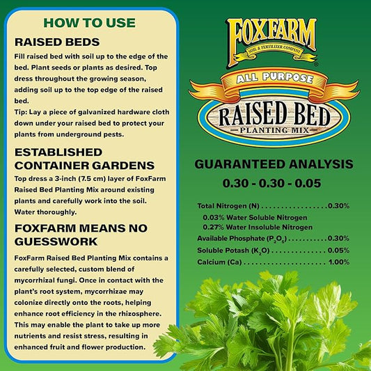 FoxFarm Raised Bed Planting Mix, 1.5cu ft - All-Purpose Garden Soil with Earthworm Castings & Oyster Shell - Ready-to-Use Blend for Vegetables, Flowers, Fruits & Herbs