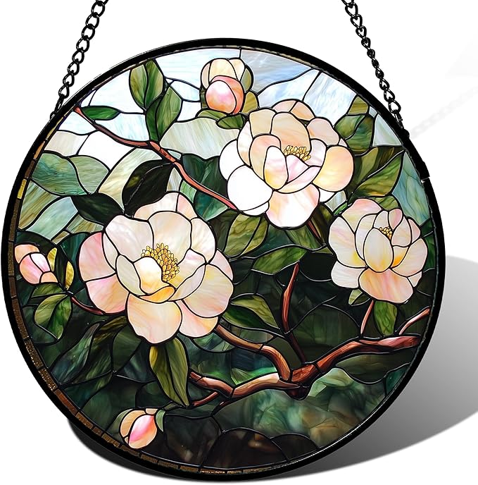 AMDERVEN Stained Glass Suncatcher, Light Pink Flowers Green Leaf Sun Catcher Plant Stain Glass Window Hanging Decoration Mother's Day Birthday Gifts for Women Men Mom Nana 11.8 in