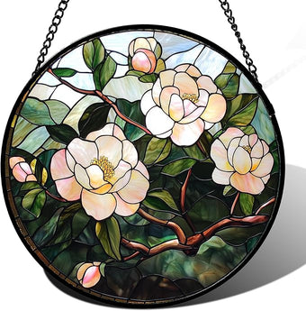 AMDERVEN Stained Glass Suncatcher, Light Pink Flowers Green Leaf Sun Catcher Plant Stain Glass Window Hanging Decoration Mother's Day Birthday Gifts for Women Men Mom Nana 11.8 in