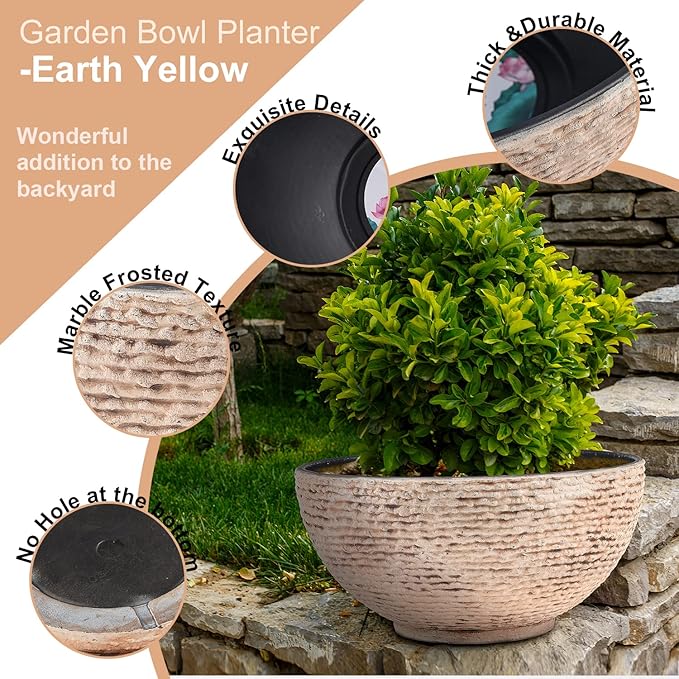 Sungmor Large Garden Bowl Planter Water Plant Pot, Miniature Landscaping Succulent Planter, 15.6 Inch Marble Texture Water Lily Pots, Small Fountain Base Mini Fish Pond Bird Bath