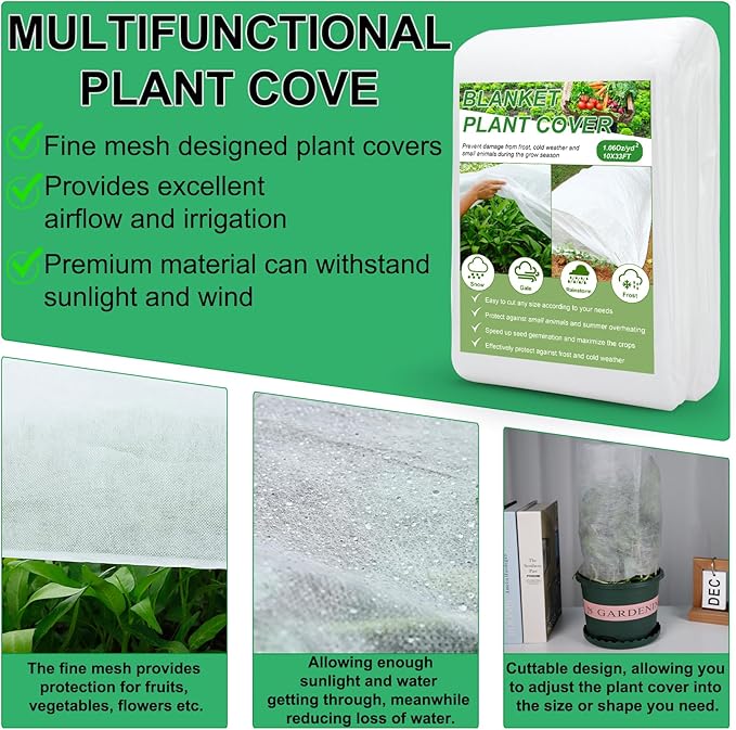 YDSL Plant Cover 10 Ft x 33 Ft Plant Covers Freeze Protection with Ultra Fine Mesh Reusable Floating Row Cover Netting for Plants Vegetables Flowers Fruits Frost Sun Protection 1.06oz/yd²
