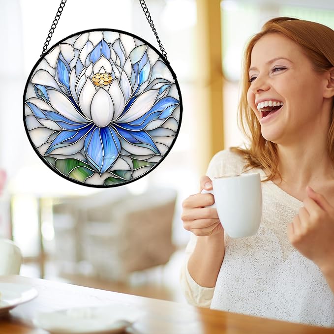 HWRHTR Stained Glass Window Hanging - Blue and White Lotus Petal Suncatcher for Doors Window Home Sun Catchers Decor Christmas Mother's Day July Birthday Gifts for Teacher Women Men Mom Nana 6.3 in