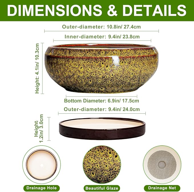 EPFamily Bonsai Pots Ceramic - 10 Inch Succulent Planters Indoor Outdoor, Shallow Planter with Drainage Hole and Saucer, Round Planter Bowl, Succulent Pots, House Decor, Gifts for Plant Lover, Yellow
