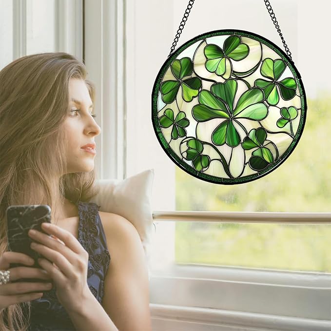 Stained Glass Window Hanging - Ireland Green Lucky Clover Suncatcher for Doors Garden St. Patrick's Day Sun Catchers Decor Mother's Day Birthday for Women Men Mom Nana 15 in