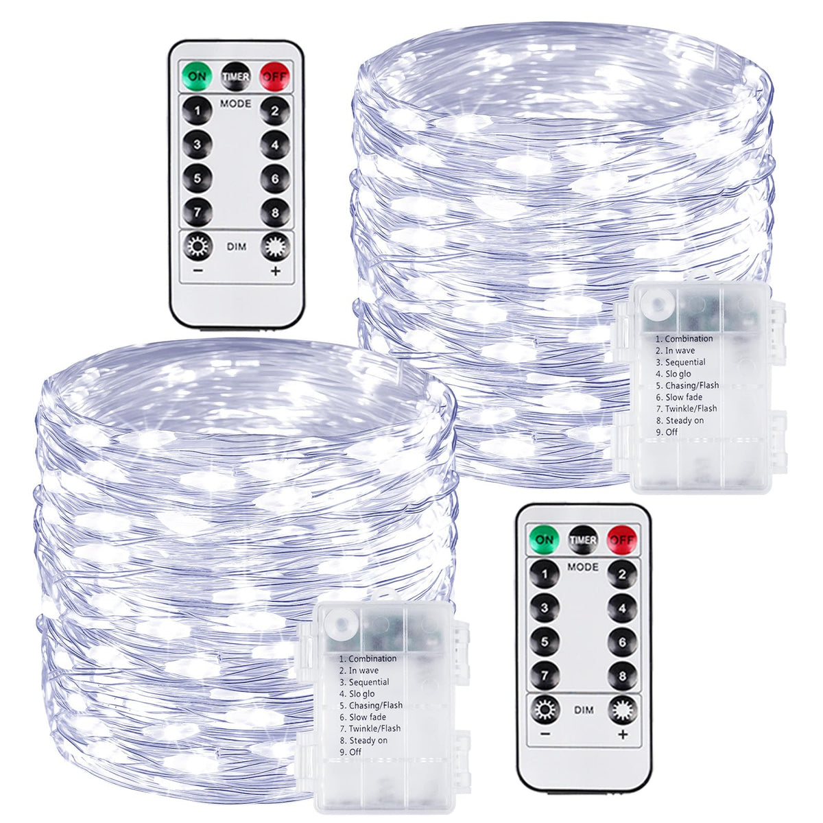 2 Pack 100 LED Fairy Lights Battery Operated with Remote, 33 FT Cool White