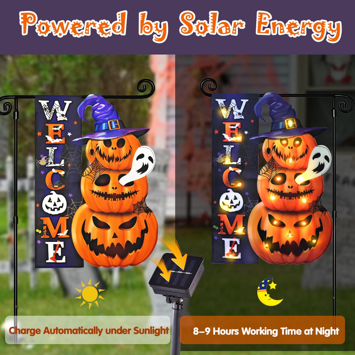 FLAGMESAGE Halloween Lighted Garden Flag, Pumpkin Yard Decor, 28x40 in