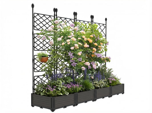 Patikuin 4-Section Sturdy Weather-Resistant Raised Garden Bed with Metal Trellis, Vertical Modular Planter Box & Privacy Screen for Climbing Plants, Vegetables, Flowers