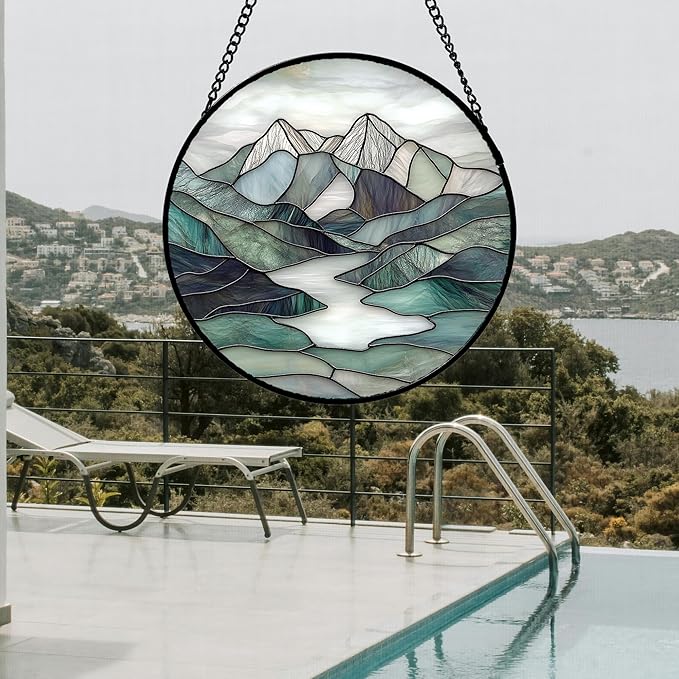 Stained Glass Window Hanging 4 Pcs Set Mountain River Landscape 9.8" - Suncatcher Door Garden Sun Catcher Decor Birthday Mother's Day for Mom Woman Nana Girl Boy Friend