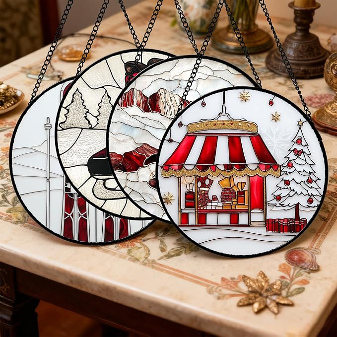AMDERVEN Stained Glass Window Hanging 4 Pcs Set Winter Skiing Red Christmas House 7.8" - Suncatcher Door Garden Sun Catcher Decor Birthday Mother's Day for Mom Woman Nana Friend