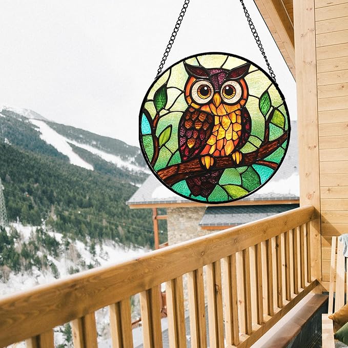 HWRHTR Stained Glass Window Hanging - Owl on a Branch Suncatcher for Doors Window Home Orange Brown Sun Catchers Decor Christmas Mother's Day Birthday Gifts for Teacher Women Men Mom Nana 7.8 in