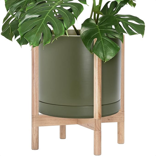 D'vine Dev Ceramic Planter with Natural Stand - 14 Inch Modern Round Flower Pot with Wood Planter Holder, Olive, 55-B-R-J