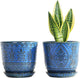 Gepege Beaded Ceramic 6 Inch Planter Set of 2 with Drainage Hole and Saucer for Plants, Indoor-Outdoor Large Round Succulent Orchid Flower Pot (Blue, Inner-pots not Larger Than 5 Inch)