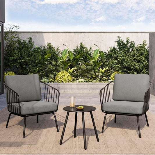 East Oak 3-Piece Plaza Patio Furniture Set, Outdoor Furniture with Thick Cushion Sofa and Coffee Table, Outdoor Bistro Set for 2, Small Space, Modern Patio Conversation Set for Balcony, Brown & Beige
