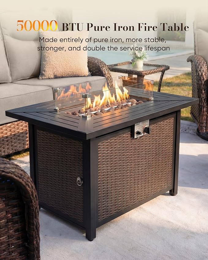 Belord Upgraded 6“ Cushion Luxury Patio Furniture Set with Fire Pit Table - 11 Piece Wicker Outdoor Furniture with High Back Swivel Rocker Patio Chairs, Conversation Set for Deck Porch - Brown/Beige