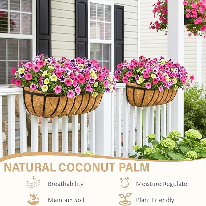 Window Box Railing Planter with Coco Liner 2 Pack 36 Inch Metal Hanging Flower Planter Deck Railing Planters Boxes for Balcony Outdoor Plants Fence Porch Patio
