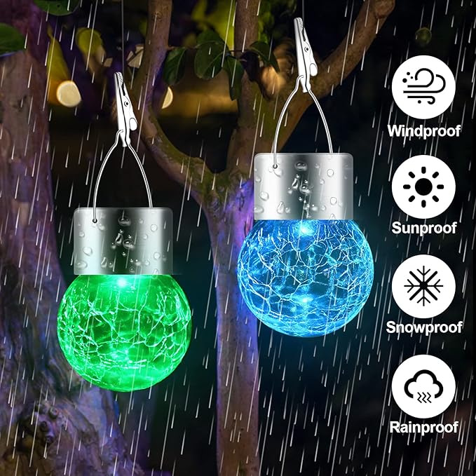 Solar Lights Outdoor Hanging Decorative Globe 24 Pack, Waterproof Solar Lantern with Handle and Clip, Solar Powered Glass Ball Lights for Garden Yard Fence Tree Umbrella Holiday Décor, Color Changing