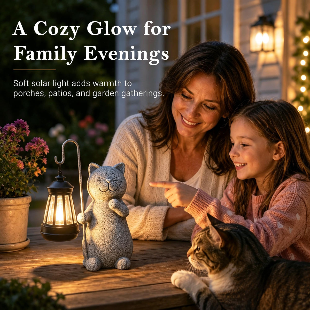 Qeeman Solar Cat Garden Statue with Lantern: Outdoor Decor
