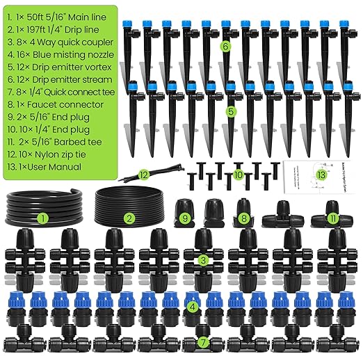 Bonviee 247FT Drip Irrigation System, Automatic Garden Watering System Kit with 50FT 5/16” & 1/4” Drip Tubing, Quick-to-Connect Fittings, Adjustable Drip Emitters for Raised Beds, Greenhouse, Lawn
