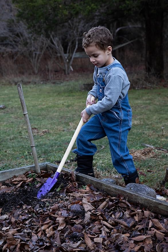 JustForKids Kids Garden Tool Set Toy, Rake, Spade, Hoe and Leaf Rake, reduced size , made of sturdy steel heads and real wood handle, 4-Piece, Multicolored, 5yr+
